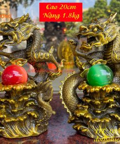 Tượng Rồng Dâng Ngọc Bằng Đồng Vàng Cao 20cm 5