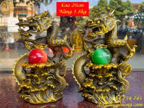 Tượng Rồng Dâng Ngọc Bằng Đồng Vàng Cao 20cm 5