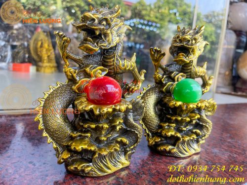 Tượng Rồng Dâng Ngọc Bằng Đồng Vàng Cao 20cm 6