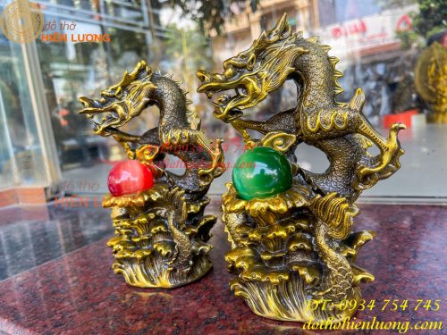Tượng Rồng Dâng Ngọc Bằng Đồng Vàng Cao 20cm 7