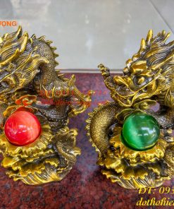 Tượng Rồng Dâng Ngọc Bằng Đồng Vàng Cao 20cm 8
