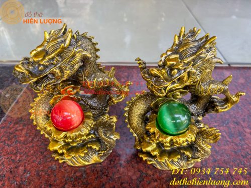 Tượng Rồng Dâng Ngọc Bằng Đồng Vàng Cao 20cm 8