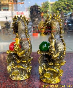 Tượng Rồng Dâng Ngọc Bằng Đồng Vàng Cao 20cm 9