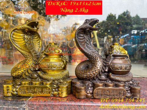 Tượng rắn cuốn hũ vàng bằng đồng phong thủy cao 23cm