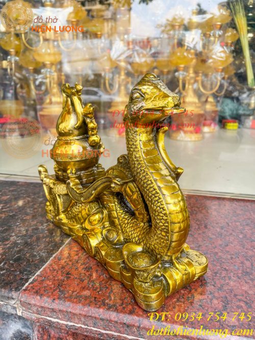 Tượng rắn kéo xe hũ vàng bằng đồng phong thủy Cao 23cm