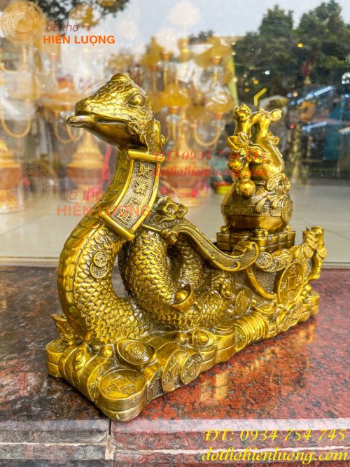 Tượng rắn kéo xe hũ vàng bằng đồng phong thủy Cao 23cm