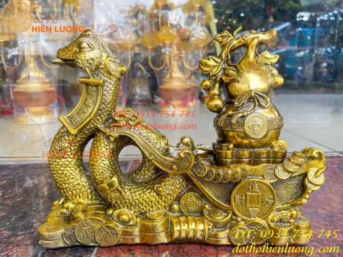 Tượng rắn kéo xe hũ vàng bằng đồng phong thủy Cao 23cm