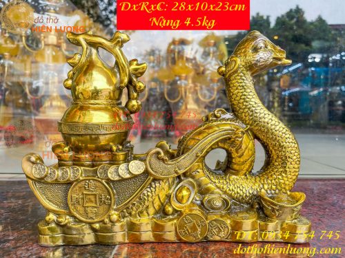 Tượng rắn kéo xe hũ vàng bằng đồng phong thủy Cao 23cm