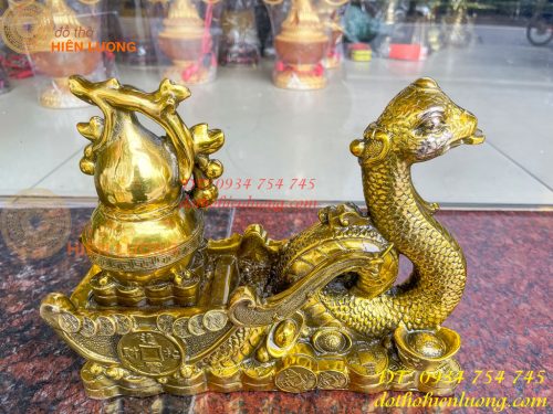 Tượng rắn kéo xe hũ vàng bằng đồng phong thủy Cao 23cm