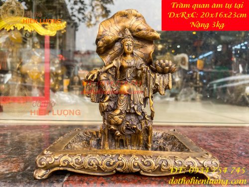 Lư xông trầm quan âm tự tại bằng đồng hun cao 23cm