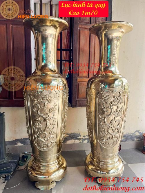 Đôi Lọ Lục Bình Bằng Đồng Cao 1m7 Hoa Văn Tứ Quý