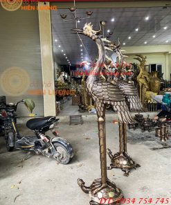 Đôi Hạc Bằng Đồng Ngậm 5 Ngọn Đèn Hoa Sen
