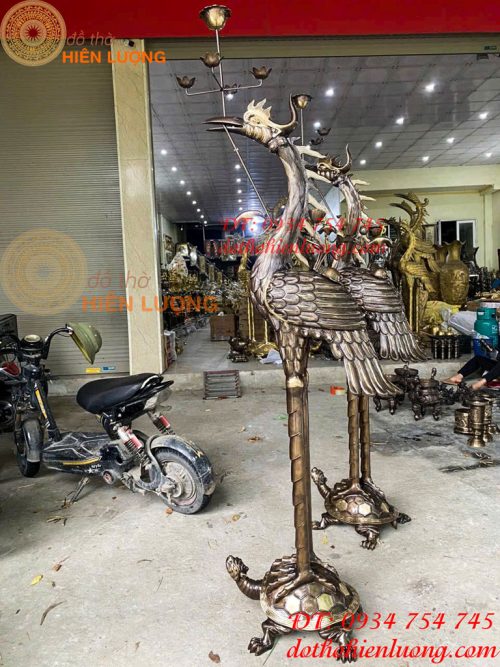 Đôi Hạc Bằng Đồng Ngậm 5 Ngọn Đèn Hoa Sen