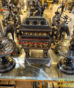 Bộ Đỉnh Vuông Khảm Ngũ Sắc Song Long Chầu Nguyệt