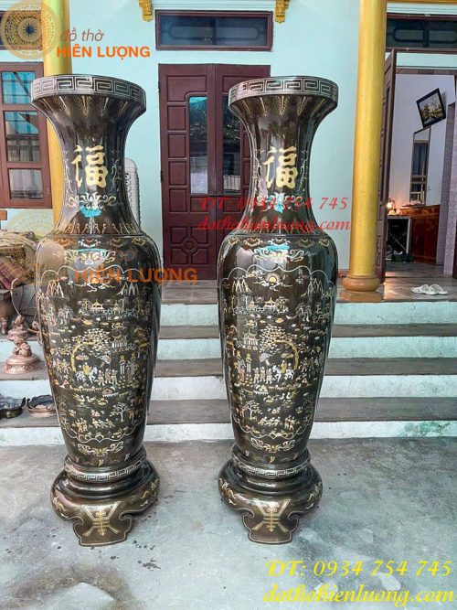 Đôi Lục Bình Đồng Đỏ Khảm Tam Khí Cao 1m93