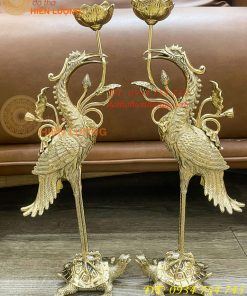 Đôi Hạc Ngậm Sen Số 2 Bằng Đồng Vĩnh Tiến Cao 41cm