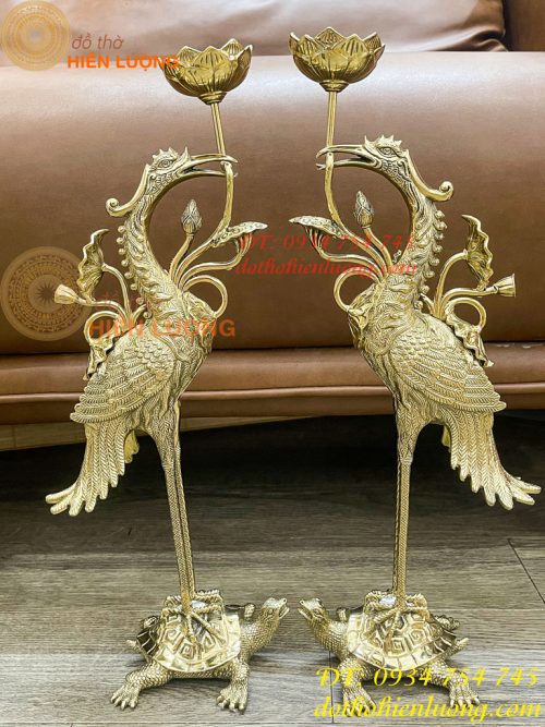 Đôi Hạc Ngậm Sen Số 2 Bằng Đồng Vĩnh Tiến Cao 41cm