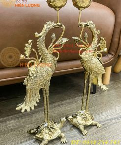 Đôi Hạc Ngậm Sen Số 2 Bằng Đồng Vĩnh Tiến Cao 41cm