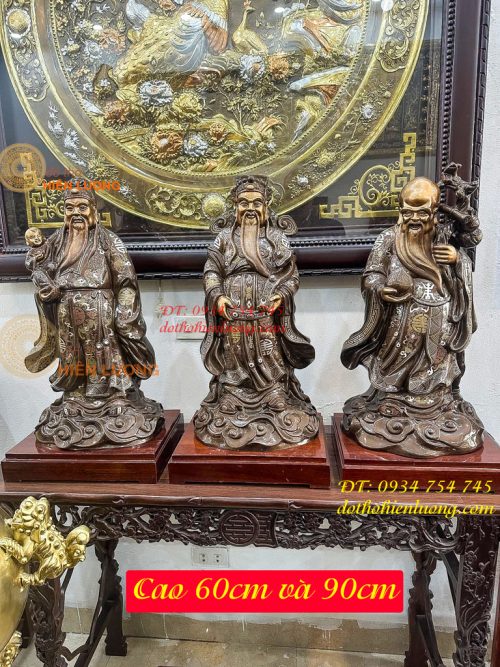 Bộ Tam Đa Phúc Lộc Thọ Khảm Tam Khí Bằng Đồng Đỏ