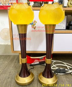 Đôi Đèn Led Lưu Ly Hoa Sen Thân Đồng Cao 45cm 19in