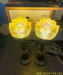 Đôi Đèn Led Lưu Ly Hoa Sen Thân Đồng Cao 45cm 19in