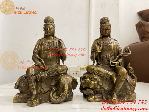 Tượng Văn Thù Phổ Hiền Cao 20cm Bằng Đồng Hun