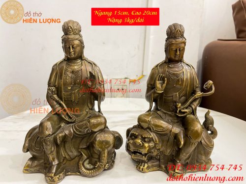 Tượng Văn Thù Phổ Hiền Cao 20cm Bằng Đồng Hun