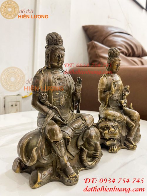 Tượng Văn Thù Phổ Hiền Cao 20cm Bằng Đồng Hun