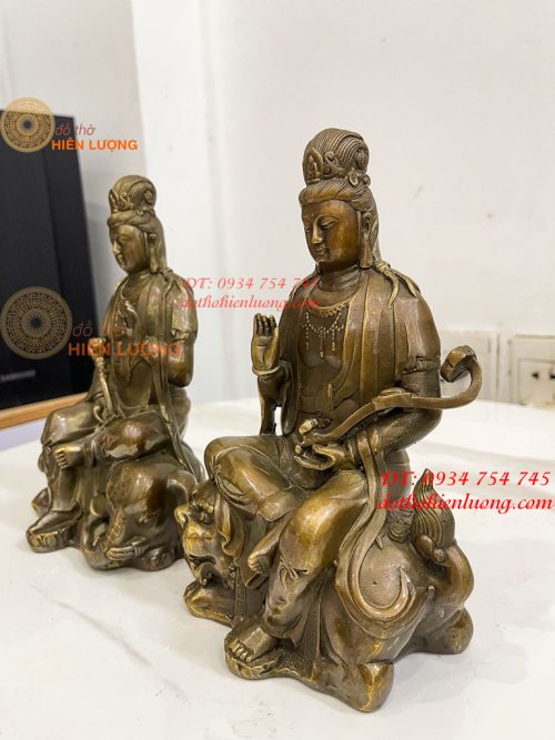 Tượng Văn Thù Phổ Hiền Cao 20cm Bằng Đồng Hun