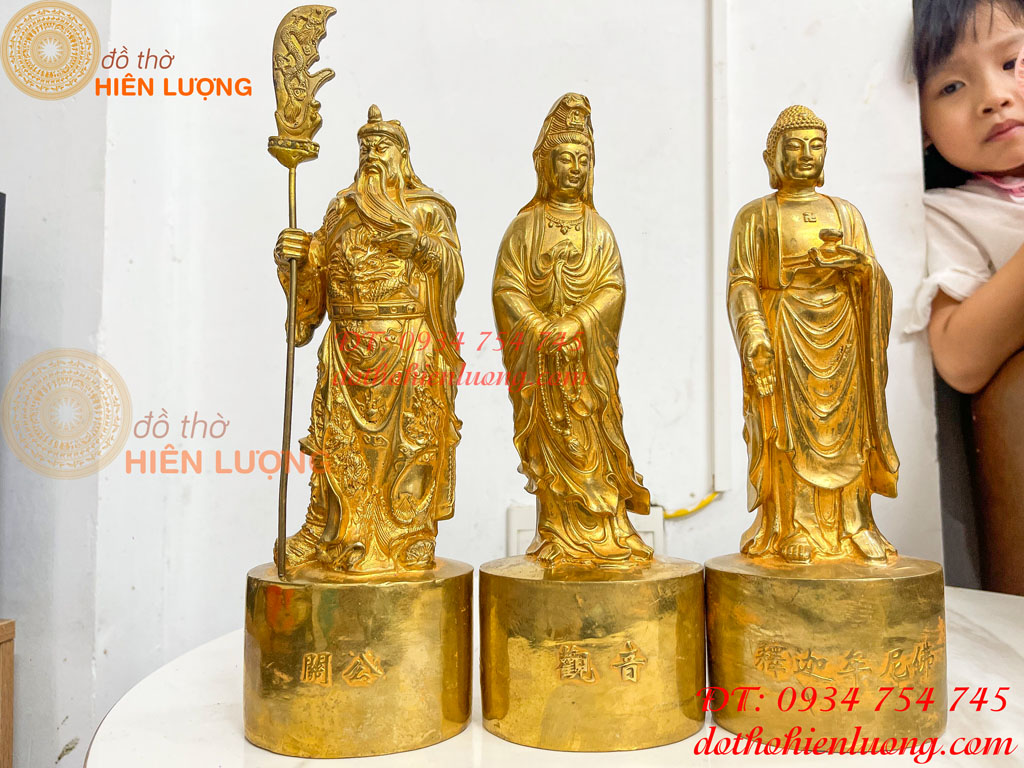 Bộ Tượng Quan Công, Phật Bà, Adida Bằng Đồng Cao 27cm