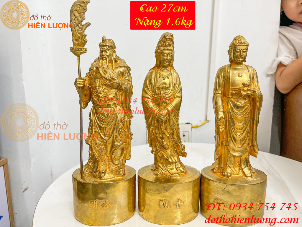 Bộ Tượng Quan Công, Phật Bà, Adida Bằng Đồng Cao 27cm