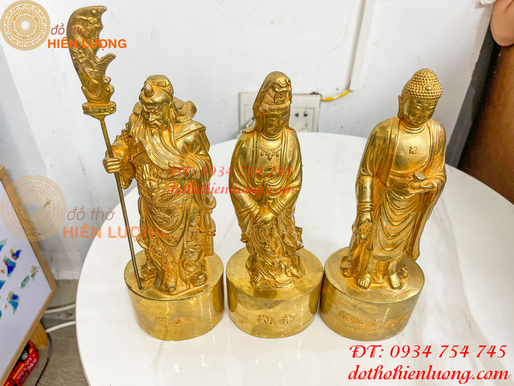 Bộ Tượng Quan Công, Phật Bà, Adida Bằng Đồng Cao 27cm