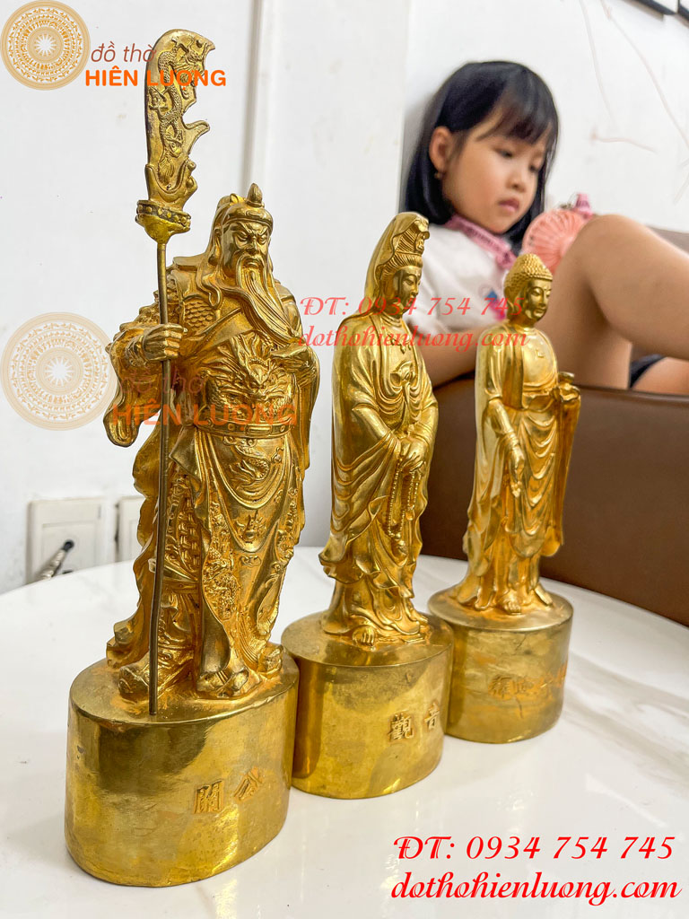 Bộ Tượng Quan Công, Phật Bà, Adida Bằng Đồng Cao 27cm