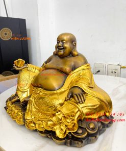 Tượng Di Lặc Cầm Thỏi Vàng Bằng Đồng Dát Vàng