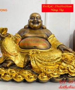 Tượng Di Lặc Cầm Thỏi Vàng Bằng Đồng Dát Vàng
