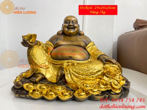 Tượng Di Lặc Cầm Thỏi Vàng Bằng Đồng Dát Vàng