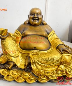 Tượng Di Lặc Cầm Thỏi Vàng Bằng Đồng Dát Vàng