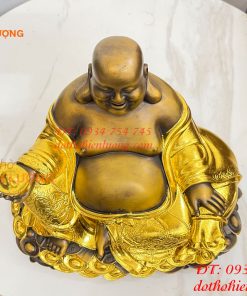 Tượng Di Lặc Cầm Thỏi Vàng Bằng Đồng Dát Vàng