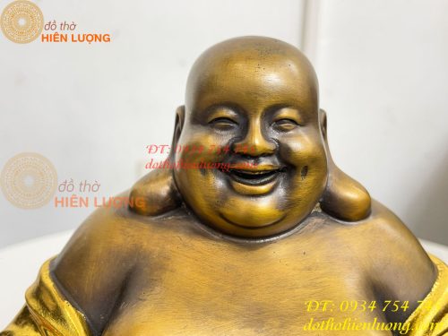 Tượng Di Lặc Cầm Thỏi Vàng Bằng Đồng Dát Vàng