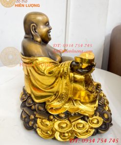 Tượng Di Lặc Cầm Thỏi Vàng Bằng Đồng Dát Vàng