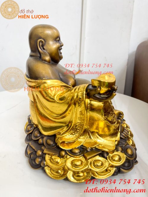 Tượng Di Lặc Cầm Thỏi Vàng Bằng Đồng Dát Vàng
