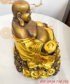 Tượng Di Lặc Cầm Thỏi Vàng Bằng Đồng Dát Vàng