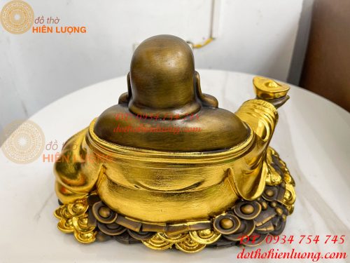 Tượng Di Lặc Cầm Thỏi Vàng Bằng Đồng Dát Vàng