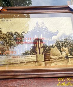Tranh Chùa Một Cột Bằng Đồng Làm Nền Xước KT 54x74cm