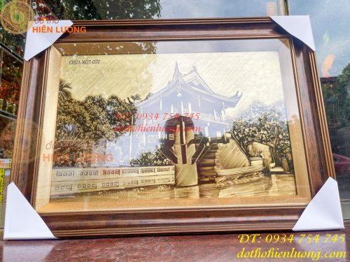 Tranh Chùa Một Cột Bằng Đồng Làm Nền Xước KT 54x74cm