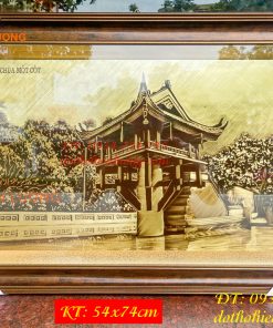 Tranh Chùa Một Cột Bằng Đồng Làm Nền Xước KT 54x74cm