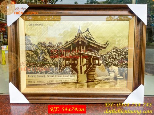 Tranh Chùa Một Cột Bằng Đồng Làm Nền Xước KT 54x74cm