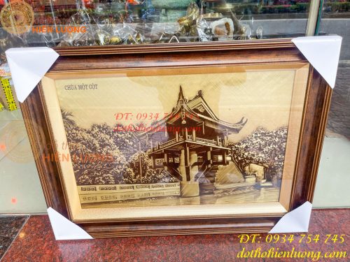 Tranh Chùa Một Cột Bằng Đồng Làm Nền Xước KT 54x74cm