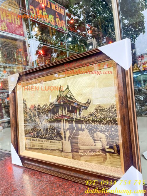 Tranh Chùa Một Cột Bằng Đồng Làm Nền Xước KT 54x74cm