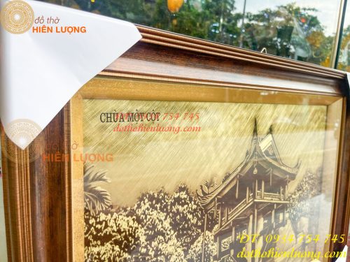 Tranh Chùa Một Cột Bằng Đồng Làm Nền Xước KT 54x74cm